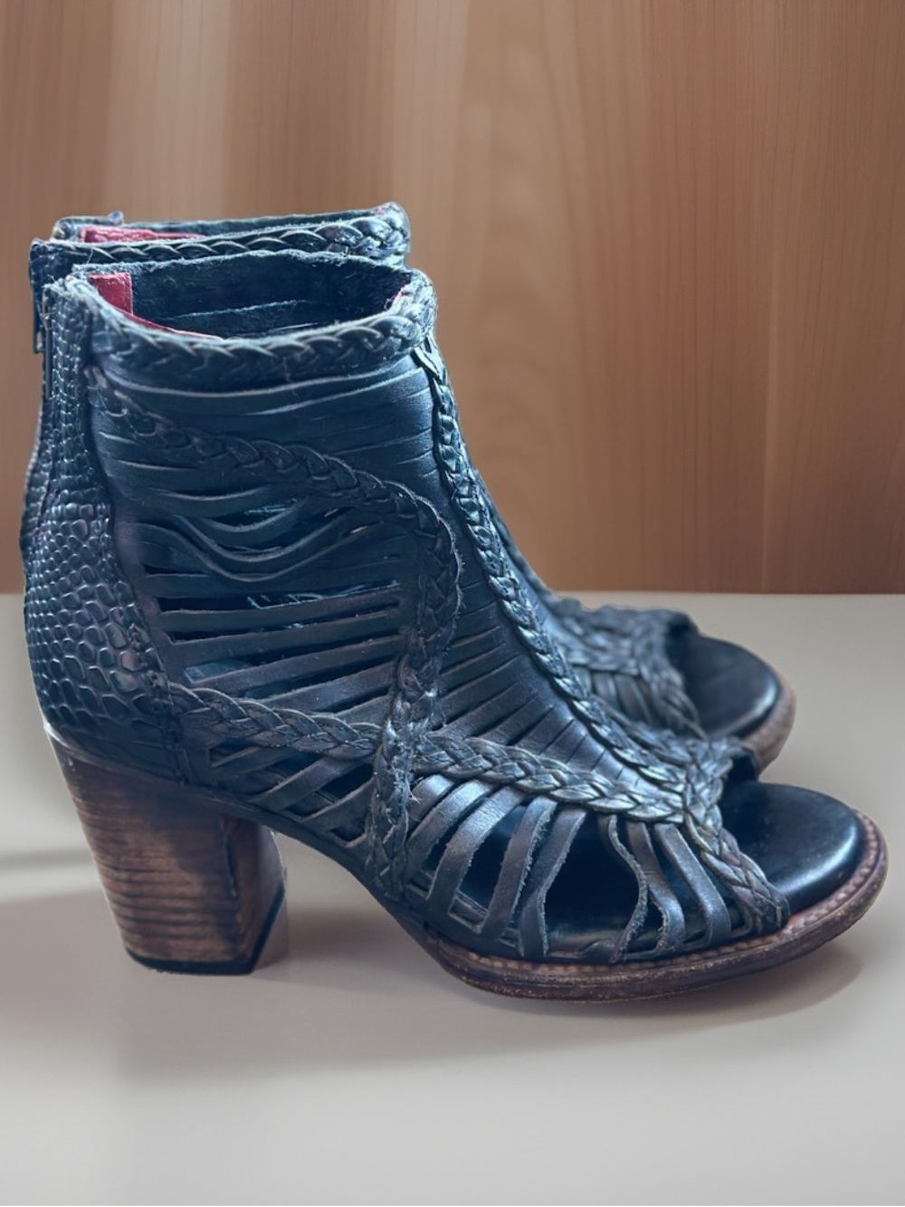 Freebird Bela Black Woven Open-Toe Ankle Booties